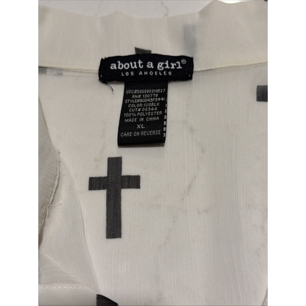 About A Girl Los Angeles Sheer white Blouse w/Crosses Checked Roll Tab Sleeve XL - Picture 2 of 5